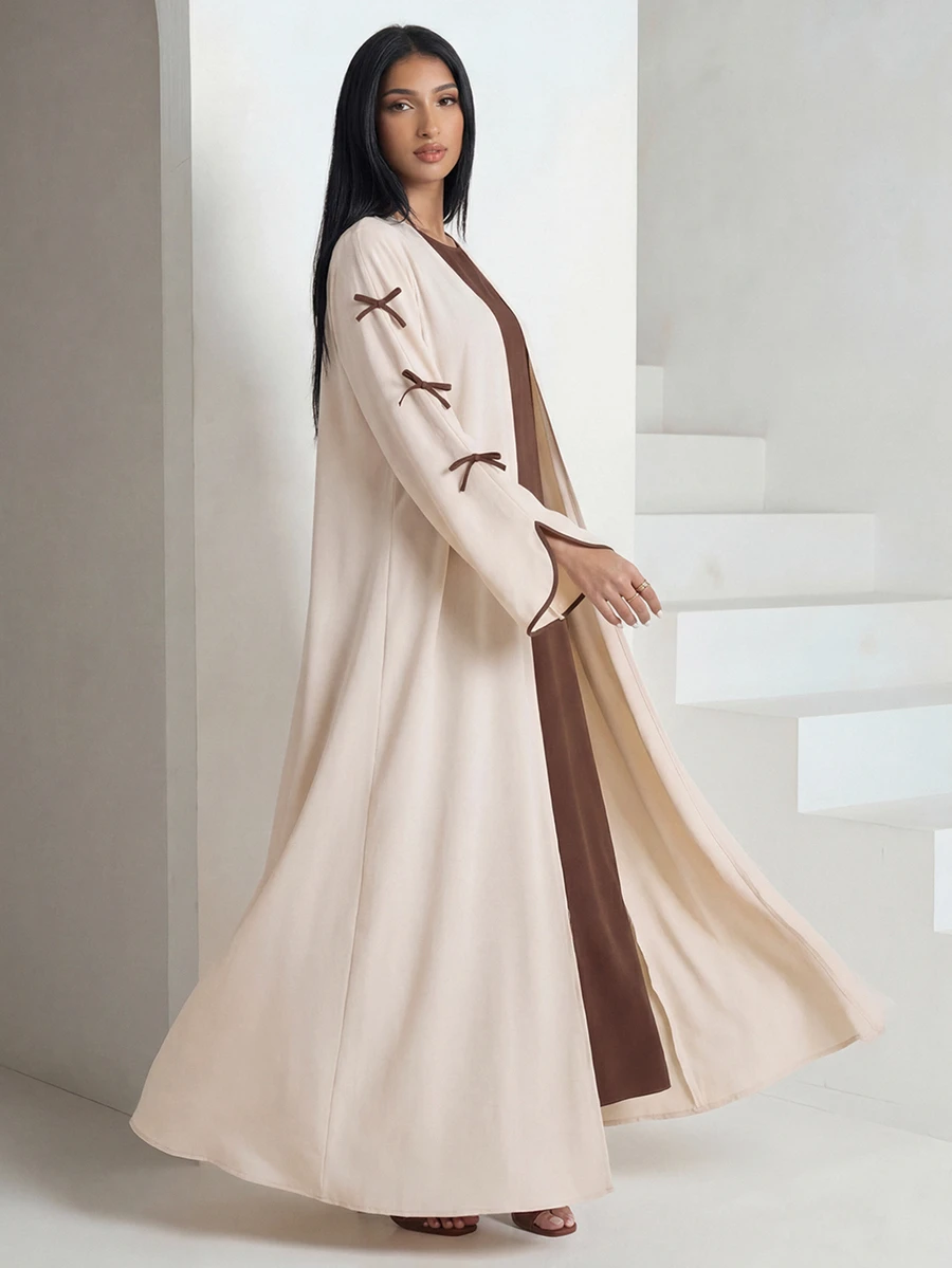 Veilorie Women Elegant Solid Color Round Neck Dress Bow Decor Jacket Set Modest Formal Christening Guest Pink Brown Fall Night Modern Filipiniana Office - Multicolor - View 1