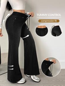 Flexra Vintage Gradient Washed Comfortable Elastic Drawstring Waist Distressed Denim Loose Flared Pants Four-Way Stretch Slimming Leg-Lengthening Bell Bottom Long Pants Commute Slouchy Casual Super Soft Jeans - Black - View 2