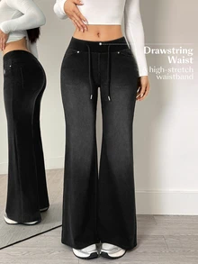 Flexra Vintage Gradient Washed Comfortable Elastic Drawstring Waist Distressed Denim Loose Flared Pants Four-Way Stretch Slimming Leg-Lengthening Bell Bottom Long Pants Commute Slouchy Casual Super Soft Jeans - Black - View 4