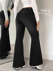 Flexra Vintage Gradient Washed Comfortable Elastic Drawstring Waist Distressed Denim Loose Flared Pants Four-Way Stretch Slimming Leg-Lengthening Bell Bottom Long Pants Commute Slouchy Casual Super Soft Jeans - Black - View 3