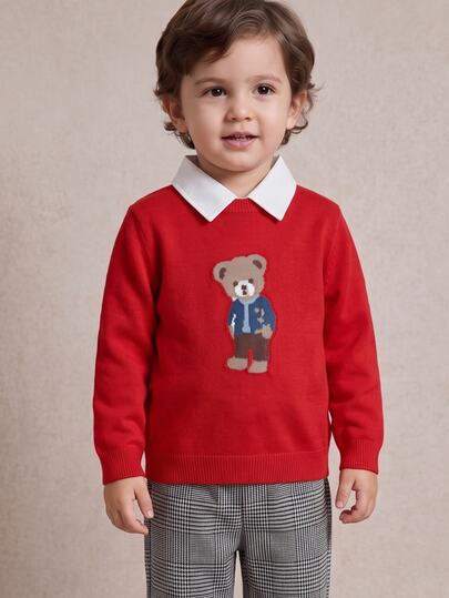 PrepCrw Young Boy Cartoon Bear Kids Jacquard Long Sleeve Casual Autumn Winter Sweater