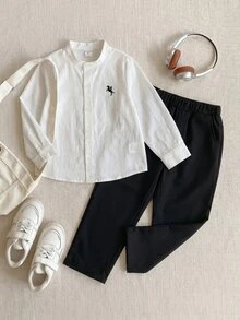 PrepCrw Kids Young Boys Preppy Style Logo Embroidered Stand Collar Long Sleeve Shirt/Long Pants Set - Multicolor - View 2