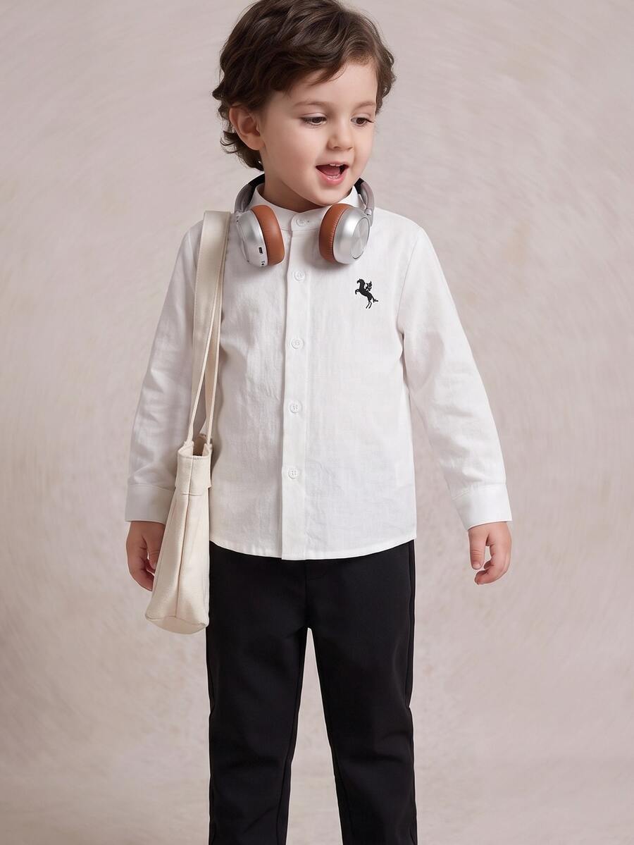 PrepCrw Kids Young Boys Preppy Style Logo Embroidered Stand Collar Long Sleeve Shirt/Long Pants Set - Multicolor - View 1