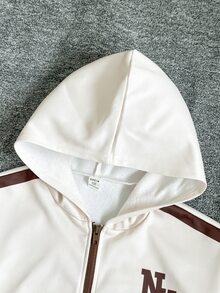 SHEIN 兒童青少年男孩極簡街頭風字母印花拉鍊連帽衛衣，秋冬款，休閒舒適柔軟面料 - 杏色 - 查看 3