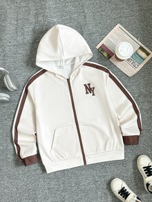 SHEIN 兒童青少年男孩極簡街頭風字母印花拉鍊連帽衛衣，秋冬款，休閒舒適柔軟面料 - 杏色 - 查看 7