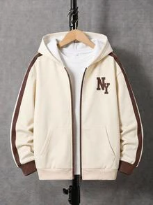 SHEIN 兒童青少年男孩極簡街頭風字母印花拉鍊連帽衛衣，秋冬款，休閒舒適柔軟面料 - 杏色 - 查看 6