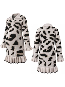 SHEIN Maternity Sweater Dress, Slim Fit, Lapel Collar With Ruffle Hem, Leopard Print Design, Casual Everyday Wear, Bodycon Knit Pullover Mini Dress - Multicolor - View 12