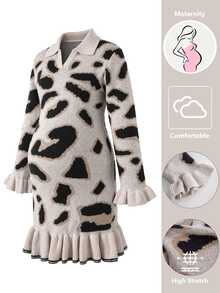 SHEIN Maternity Sweater Dress, Slim Fit, Lapel Collar With Ruffle Hem, Leopard Print Design, Casual Everyday Wear, Bodycon Knit Pullover Mini Dress - Multicolor - View 5