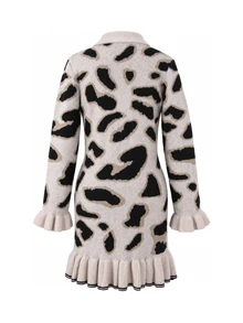 SHEIN Maternity Sweater Dress, Slim Fit, Lapel Collar With Ruffle Hem, Leopard Print Design, Casual Everyday Wear, Bodycon Knit Pullover Mini Dress - Multicolor - View 6