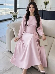 Feyla Women's Solid Color Drop Shoulder Long Sleeve Cinched Waist Elegant Midi Dress - Baby Pink - View 2