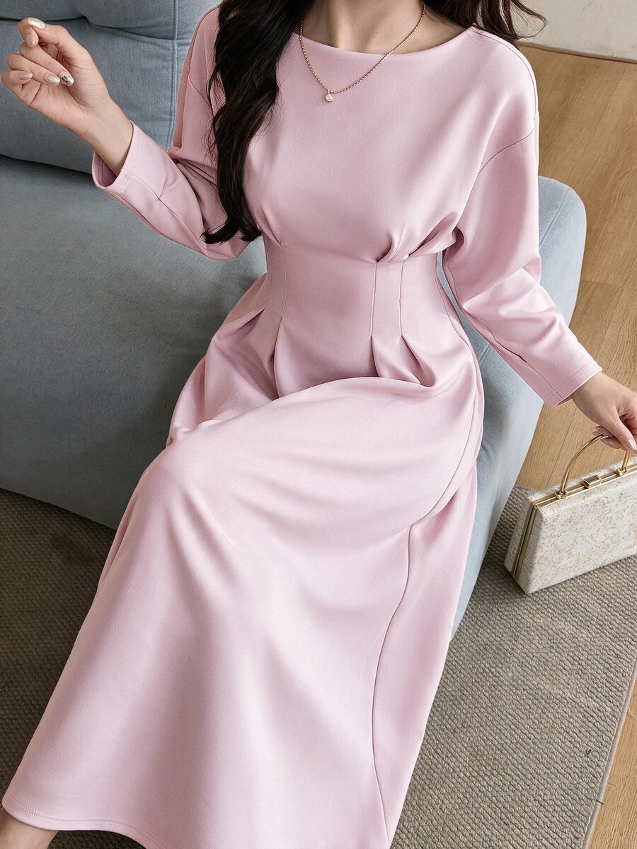 Feyla Women's Solid Color Drop Shoulder Long Sleeve Cinched Waist Elegant Midi Dress - Baby Pink - View 1