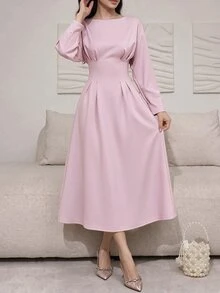 Feyla Women's Solid Color Drop Shoulder Long Sleeve Cinched Waist Elegant Midi Dress - Baby Pink - View 7