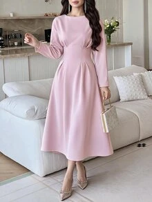 Feyla Women's Solid Color Drop Shoulder Long Sleeve Cinched Waist Elegant Midi Dress - Baby Pink - View 5