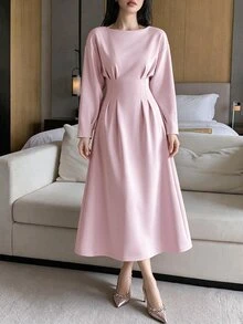 Feyla Women's Solid Color Drop Shoulder Long Sleeve Cinched Waist Elegant Midi Dress - Baby Pink - View 9