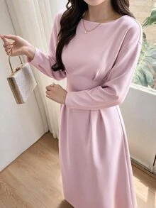 Feyla Women's Solid Color Drop Shoulder Long Sleeve Cinched Waist Elegant Midi Dress - Baby Pink - View 12