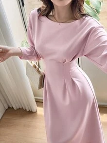 Feyla Women's Solid Color Drop Shoulder Long Sleeve Cinched Waist Elegant Midi Dress - Baby Pink - View 6