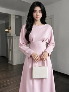 Feyla Women's Solid Color Drop Shoulder Long Sleeve Cinched Waist Elegant Midi Dress - Baby Pink - View 10