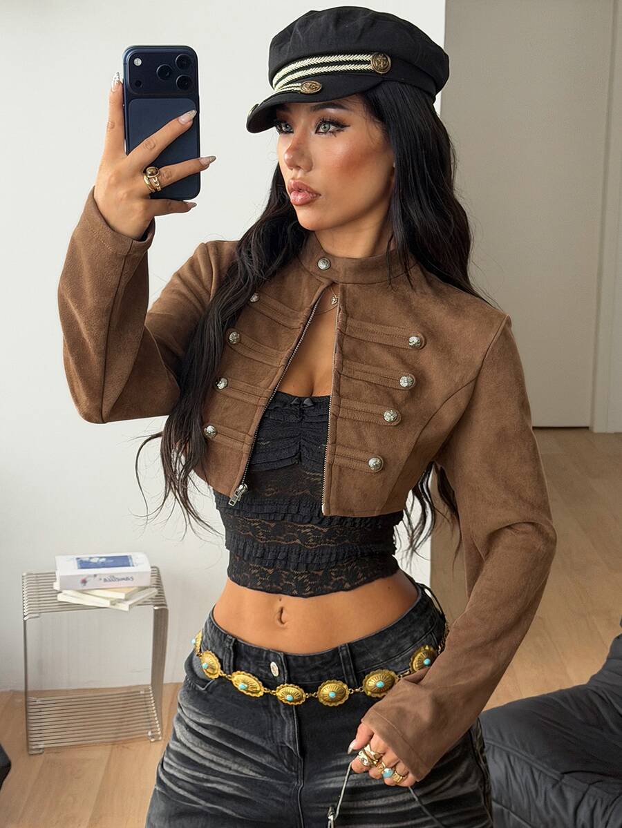 Coolane 女款秋冬保暖休閒外穿上班穿著復古素色金屬鈕扣棕色立領長袖夾克 - 卡其色 - 查看 1