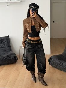 Coolane 女款秋冬保暖休閒外穿上班穿著復古素色金屬鈕扣棕色立領長袖夾克 - 卡其色 - 查看 2