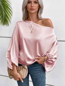 SHEIN 纯色不对称领优雅长袖衬衫，夏季 - 粉色 - 查看 6
