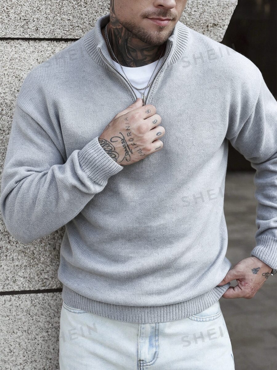 Manfinity Homme Men's Quarter Zip Solid Color Long Sleeve Casual Sweater Burgundy Men - Grey - View 1