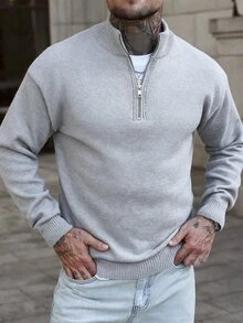 Manfinity Homme Men's Quarter Zip Solid Color Long Sleeve Casual Sweater Burgundy Men - Grey - View 3