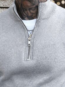 Manfinity Homme Men's Quarter Zip Solid Color Long Sleeve Casual Sweater Burgundy Men - Grey - View 4