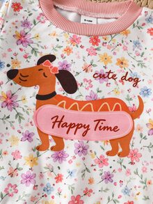 SHEIN 2pcs Toddler Girl Sweatshirt Joggers Sweet Pink Floral Dog Graphic Ribbed Cuffs Long Sleeve Round Neck Regular Vacation Spring Holiday Active - Pink - View 5