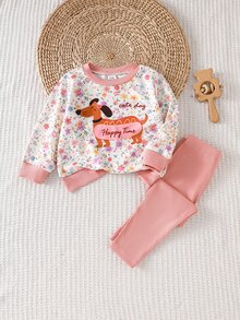 SHEIN 2pcs Toddler Girl Sweatshirt Joggers Sweet Pink Floral Dog Graphic Ribbed Cuffs Long Sleeve Round Neck Regular Vacation Spring Holiday Active - Pink - View 3