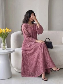 Al Najma 方领蕾丝流苏七分袖喇叭形阿拉伯女式连衣裙 - 紫色 - 查看 2