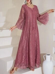 Al Najma 方领蕾丝流苏七分袖喇叭形阿拉伯女式连衣裙 - 紫色 - 查看 9