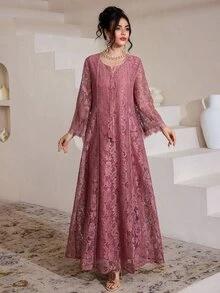 Al Najma 方领蕾丝流苏七分袖喇叭形阿拉伯女式连衣裙 - 紫色 - 查看 5