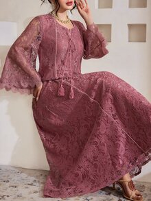 Al Najma 方领蕾丝流苏七分袖喇叭形阿拉伯女式连衣裙 - 紫色 - 查看 4