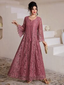 Al Najma 方领蕾丝流苏七分袖喇叭形阿拉伯女式连衣裙 - 紫色 - 查看 6