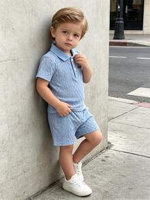 SHEIN Vintaside Kids 2pcs Baby Boys Summer Casual Outfits Button Ribbed Polo Shirt With Elastic Waist Shorts Set - Blue - View 1