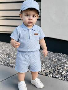 SHEIN Vintaside Kids 2pcs Baby Boys Summer Casual Outfits Button Ribbed Polo Shirt With Elastic Waist Shorts Set - Blue - View 2