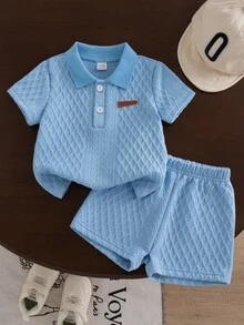 SHEIN Vintaside Kids 2pcs Baby Boys Summer Casual Outfits Button Ribbed Polo Shirt With Elastic Waist Shorts Set - Blue - View 9