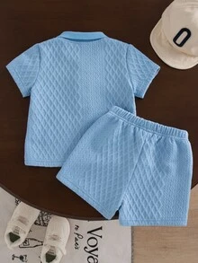 SHEIN Vintaside Kids 2pcs Baby Boys Summer Casual Outfits Button Ribbed Polo Shirt With Elastic Waist Shorts Set - Blue - View 3