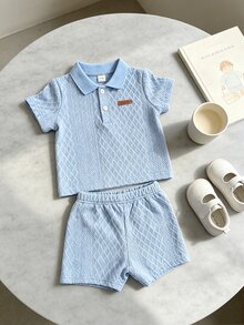 SHEIN Vintaside Kids 2pcs Baby Boys Summer Casual Outfits Button Ribbed Polo Shirt With Elastic Waist Shorts Set - Blue - View 4