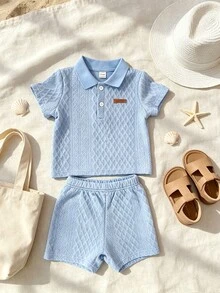 SHEIN Vintaside Kids 2pcs Baby Boys Summer Casual Outfits Button Ribbed Polo Shirt With Elastic Waist Shorts Set - Blue - View 6
