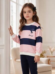 SHEIN Vintaside Kids 2pcs Young Girl Sweatshirt + Pants Set Cute Preppy Pink Navy Ribbed Horse Embroidery Long Sleeve Crewneck Lightweight Party Fall Holiday - Navy Blue - View 3