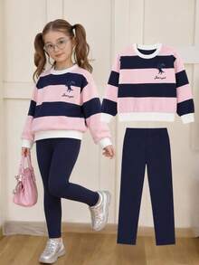 SHEIN Vintaside Kids 2pcs Young Girl Sweatshirt + Pants Set Cute Preppy Pink Navy Ribbed Horse Embroidery Long Sleeve Crewneck Lightweight Party Fall Holiday - Navy Blue - View 2