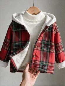 SHEIN 男嬰幼兒紅格紋外套大衣，可愛學院風，毛絨滾邊蘇格蘭格紋鈕扣長袖連帽加厚款，適合冬季派對、婚禮賓客與秋季穿著 - 彩色 - 查看 8