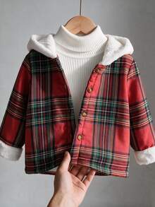SHEIN 男嬰幼兒紅格紋外套大衣，可愛學院風，毛絨滾邊蘇格蘭格紋鈕扣長袖連帽加厚款，適合冬季派對、婚禮賓客與秋季穿著 - 彩色 - 查看 9