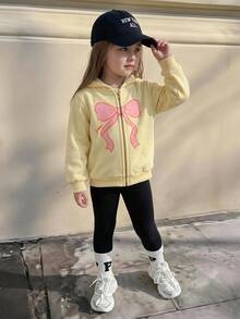 Genkimix Kids 少女連帽蝴蝶結夾克 Y2K 可愛上衣 長袖上衣 秋冬服飾 健身運動 蠟黃色連帽夾克 粉色蝴蝶結 - 黃色 - 查看 4