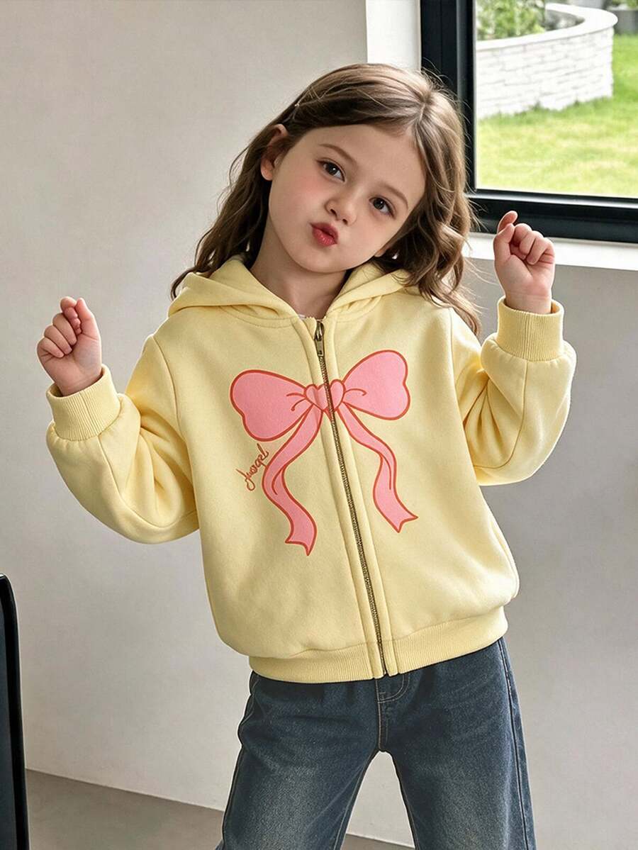 Genkimix Kids 少女連帽蝴蝶結夾克 Y2K 可愛上衣 長袖上衣 秋冬服飾 健身運動 蠟黃色連帽夾克 粉色蝴蝶結 - 黃色 - 查看 1