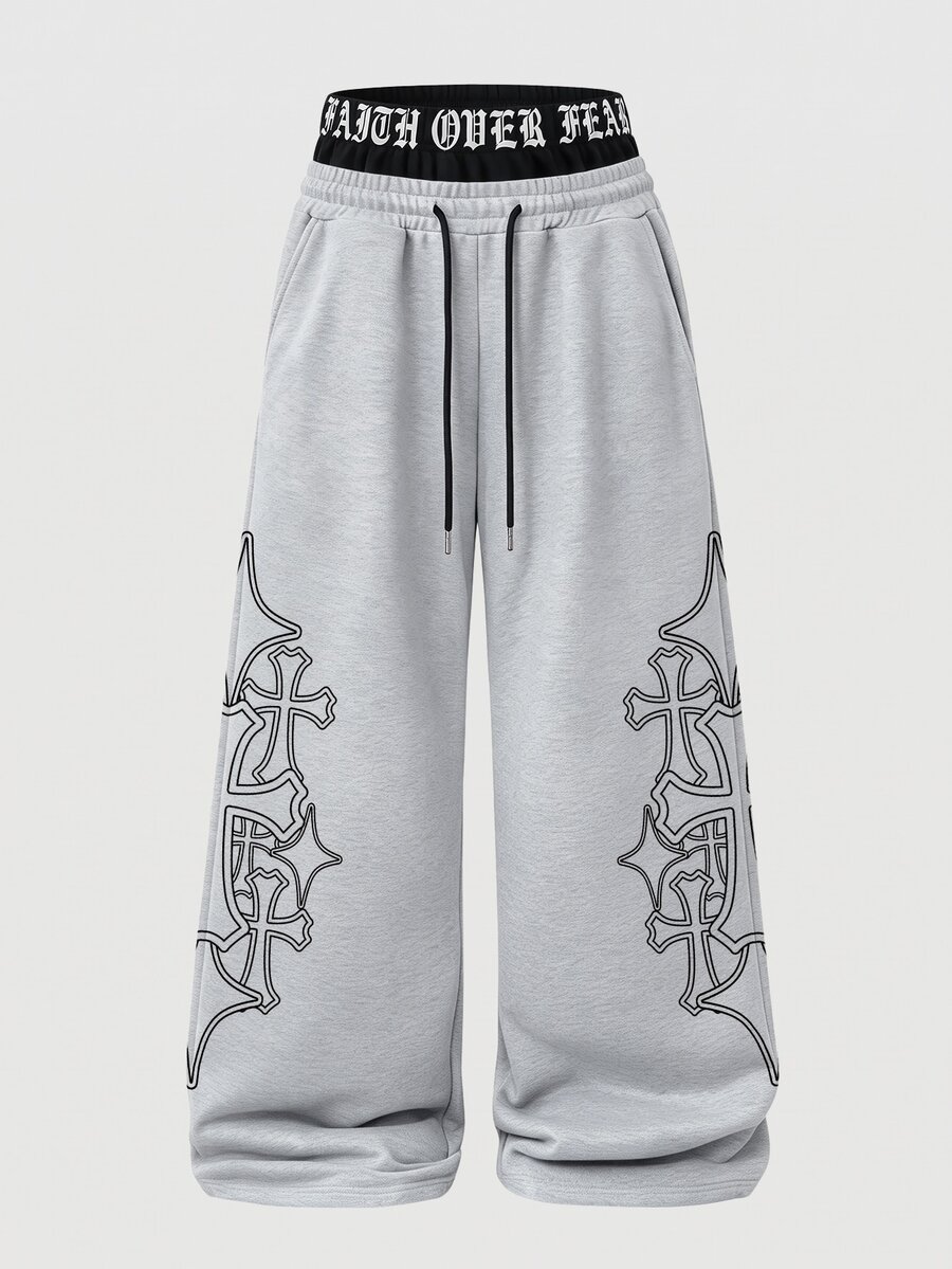 STYNVO Men's Double Waistband Cross Print Pocket Casual Sweatpants - Grey - View 1