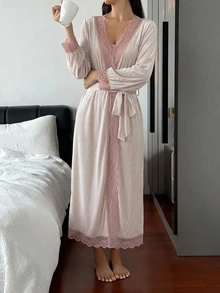 DAZY Women's Lace Patchwork Long Cardigan Robe Fall - Apricot - View 1
