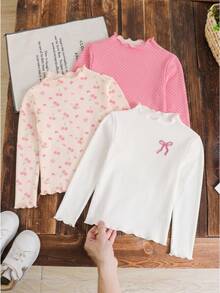 SHEIN 3PCS Young Girls T-Shirts,Autumn/Winter,Fall,Fall Young Girl Young Girl Clothes,Long Sleeve Tops,Christmas/Halloween Young Girl - Multicolor - View 6