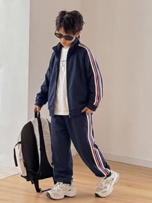 SHEIN 2件組兒童青少年男孩深藍色休閒學院風側邊飾帶立領前開襟長袖秋季上衣與飾帶收口純色針織長褲套裝 - 藏蓝色 - 查看 4